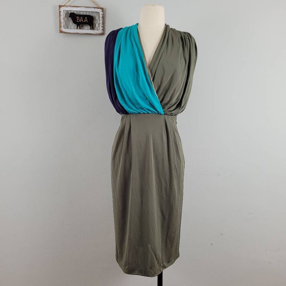 Escada Colorblock Silk Draped Jersey Dress Sz‎ 34 US S Plunging V-Neck 80s Style